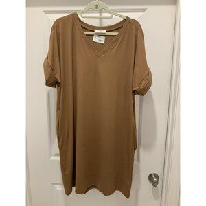 Zenana Dress 1X Women's Rolled Sleeve V Neck Deep Caramel Style PD-2457XN